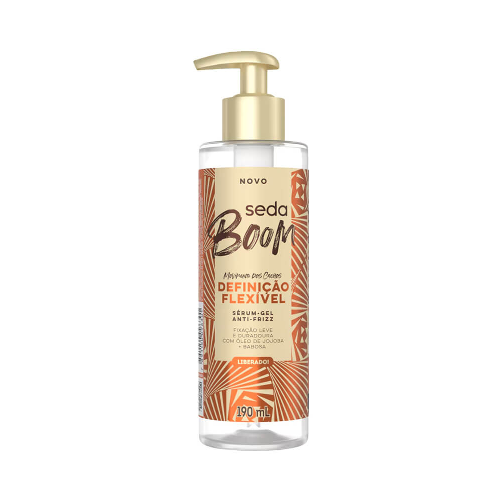 Frontal do Sérum Gel Capilar Seda Boom Definição Flexível 200ml com pump dourado e rótulo bege com detalhes em marrom e laranja