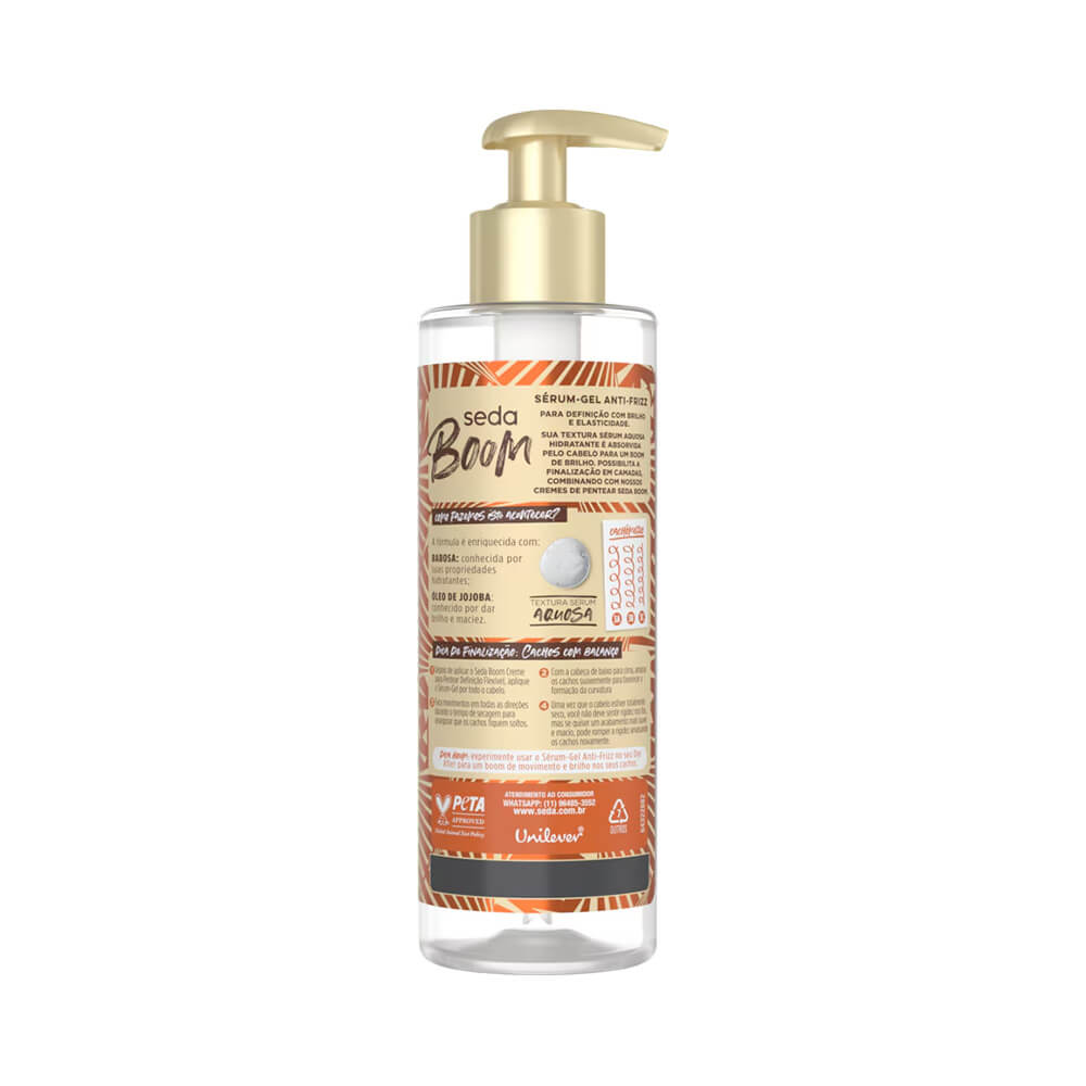 Verso do Sérum Gel Capilar Seda Boom Definição Flexível 200ml mostrando instruções e composição do produto