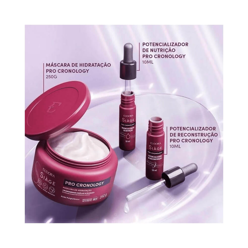 Máscara aberta mostrando creme branco e frascos com conta-gotas dos potencializadores