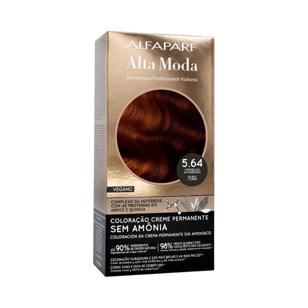 Embalagem da Coloração Alta Moda Alfaparf 5.64 Vermelho Acobreado mostrando o tubo dourado e vermelho com destaque para a cor intensa.