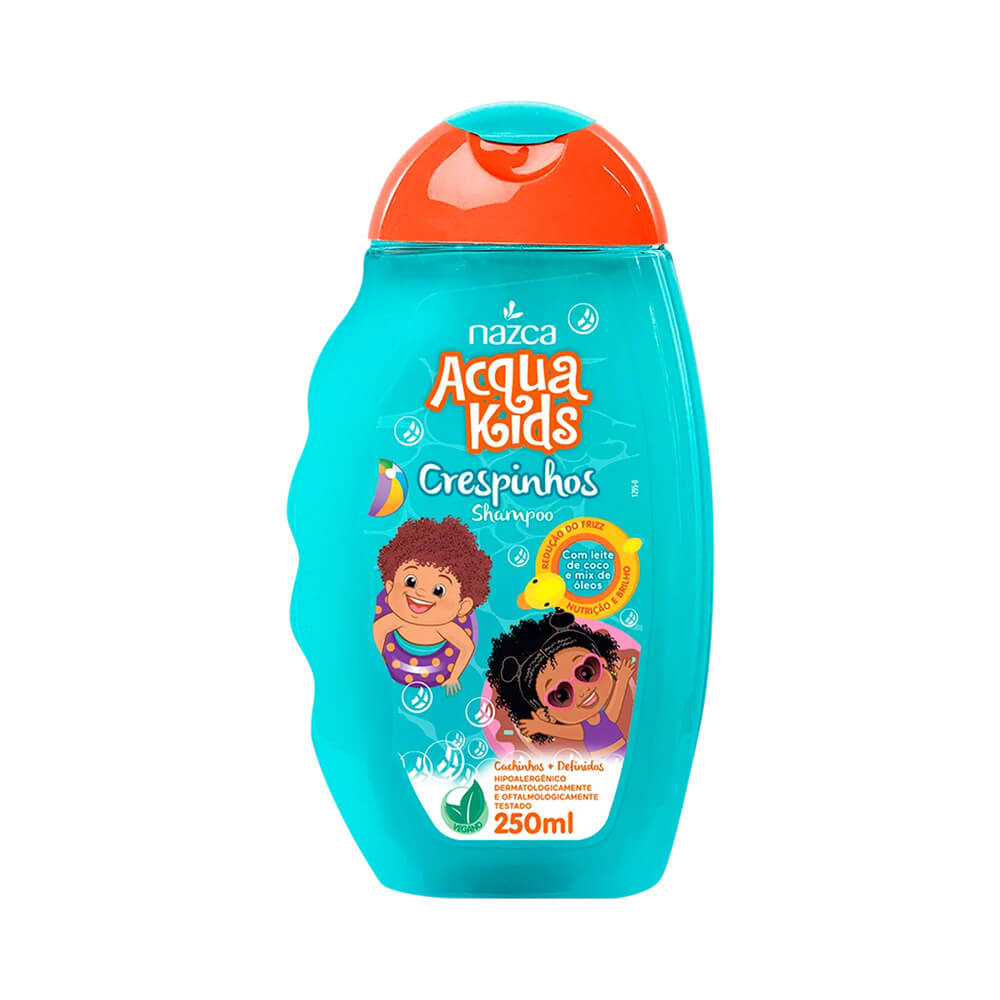 Frasco azul turquesa e tampa laranja do Shampoo Acqua Kids Crespinhos 250ml com ilustrações infantis e design colorido