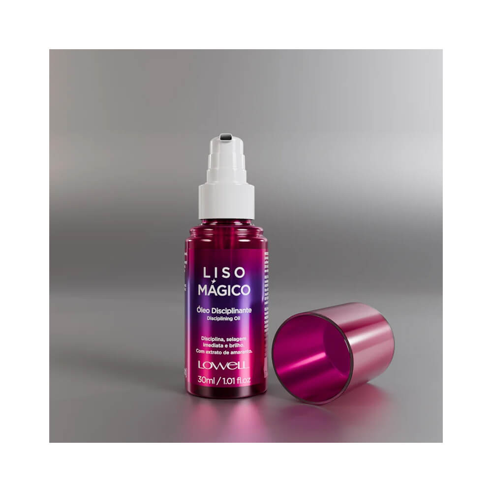 Frasco aberto do óleo disciplinante Lowell Liso Mágico 30ml, mostrando textura e embalagem.