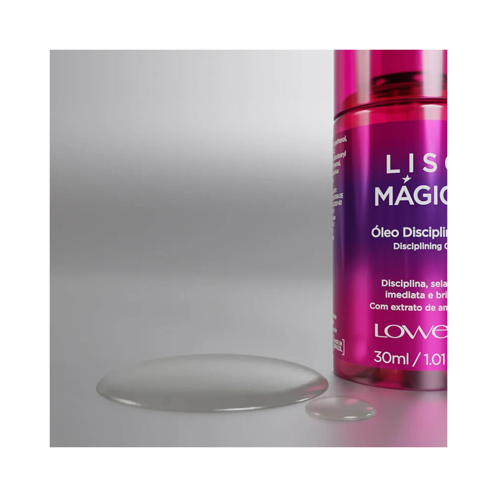 Detalhe do óleo disciplinante Lowell Liso Mágico 30ml com gotas transparentes do produto ao lado do frasco vermelho escuro.