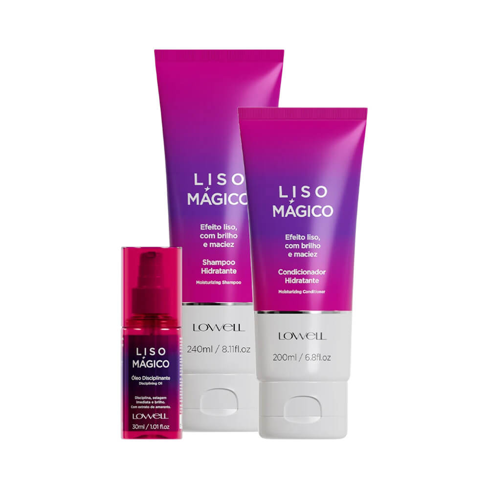 Kit Lowell Liso Mágico com shampoo, condicionador e óleo em embalagens roxo e rosa