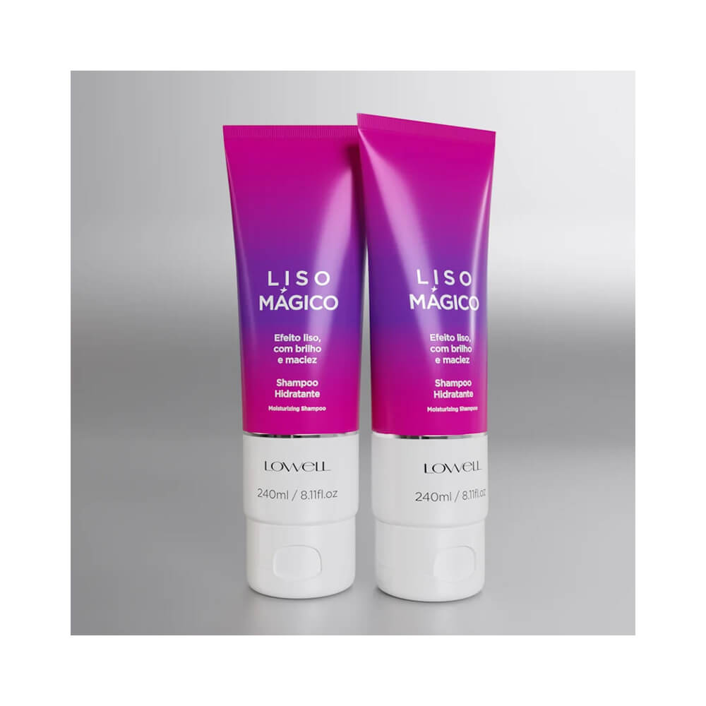 Shampoo e condicionador Liso Mágico em embalagens degradê roxo e rosa