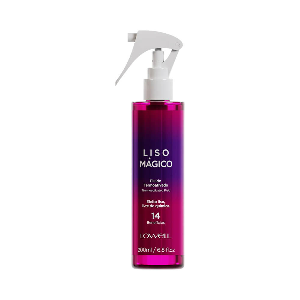 Frontal do frasco do Fluido Termoativado Lowell Liso Mágico 200ml com design em degradê rosa e roxo
