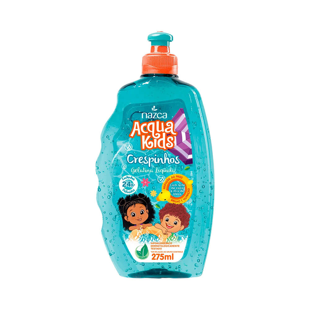 Frontal da embalagem do produto Gelatina Líquida Acqua Kids Crespinhos, 275ml, da marca Nazca. Frasco azul translúcido com tampa laranja e bico dosador azul.