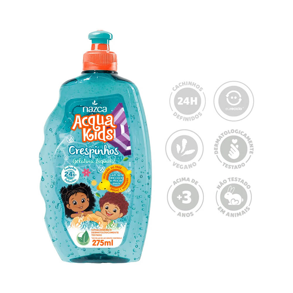 Imagem frontal do produto Gelatina Líquida Acqua Kids Crespinhos 275ml da marca Nazca com ícones de benefícios.