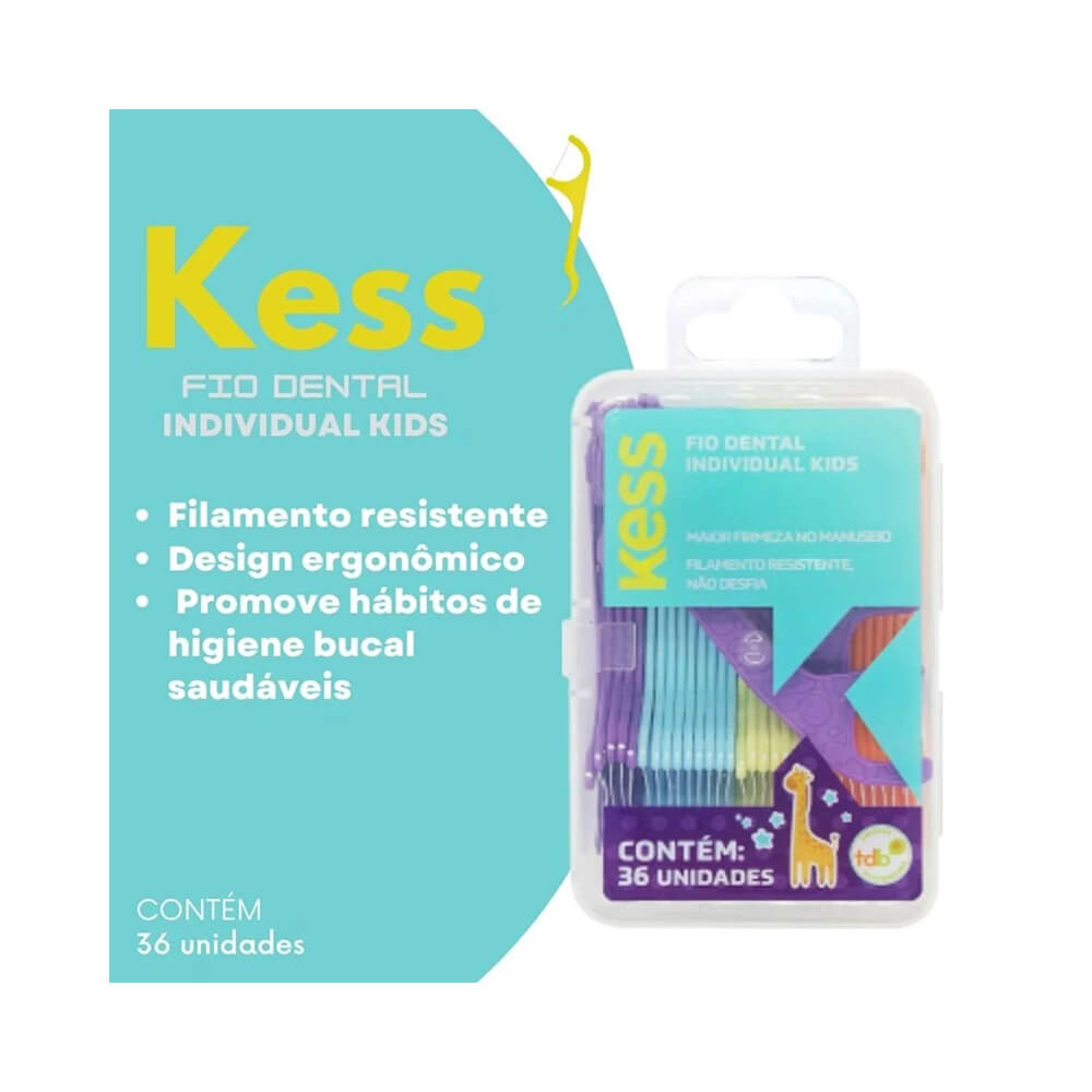 Imagem promocional do Fio Dental Individual Kess Kids com embalagem contendo 36 unidades coloridas