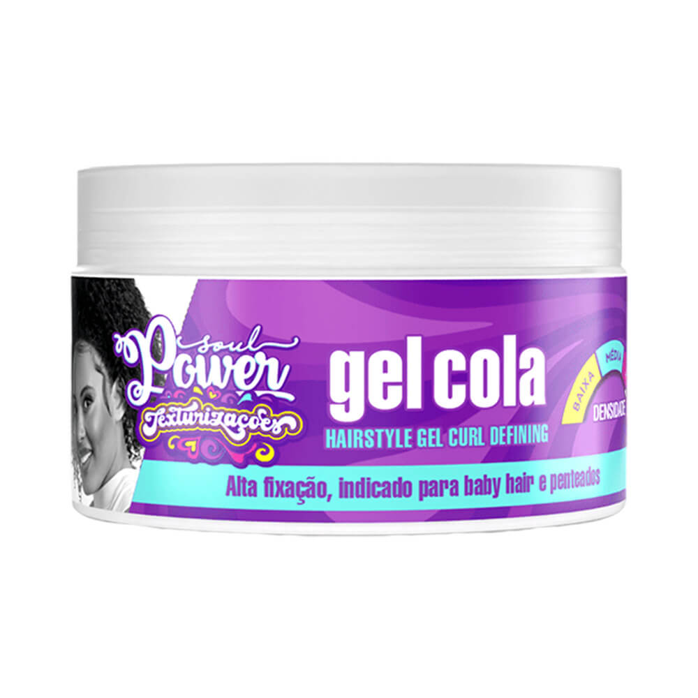 Gel Cola Soul Power Texturizações em pote branco com tampa, rótulo roxo e azul claro, indicado para baby hair e penteados