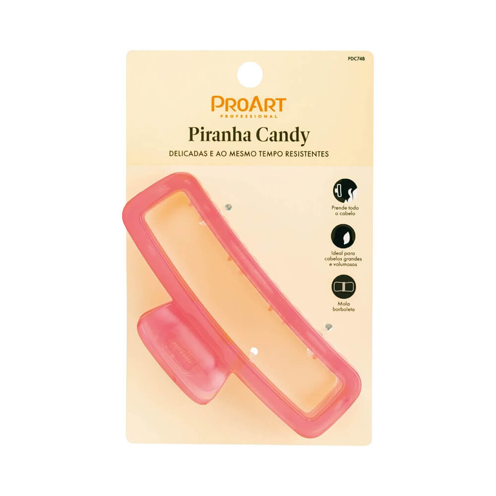 Piranha de cabelo Proart Candy vermelha translúcida embalada em cartão com informações do produto