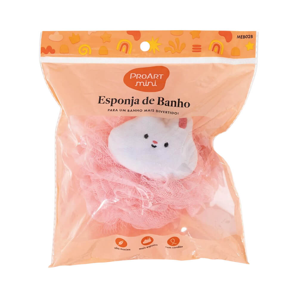 Embalagem transparente da Esponja de Banho Proart Coelho Mini com fundo laranja