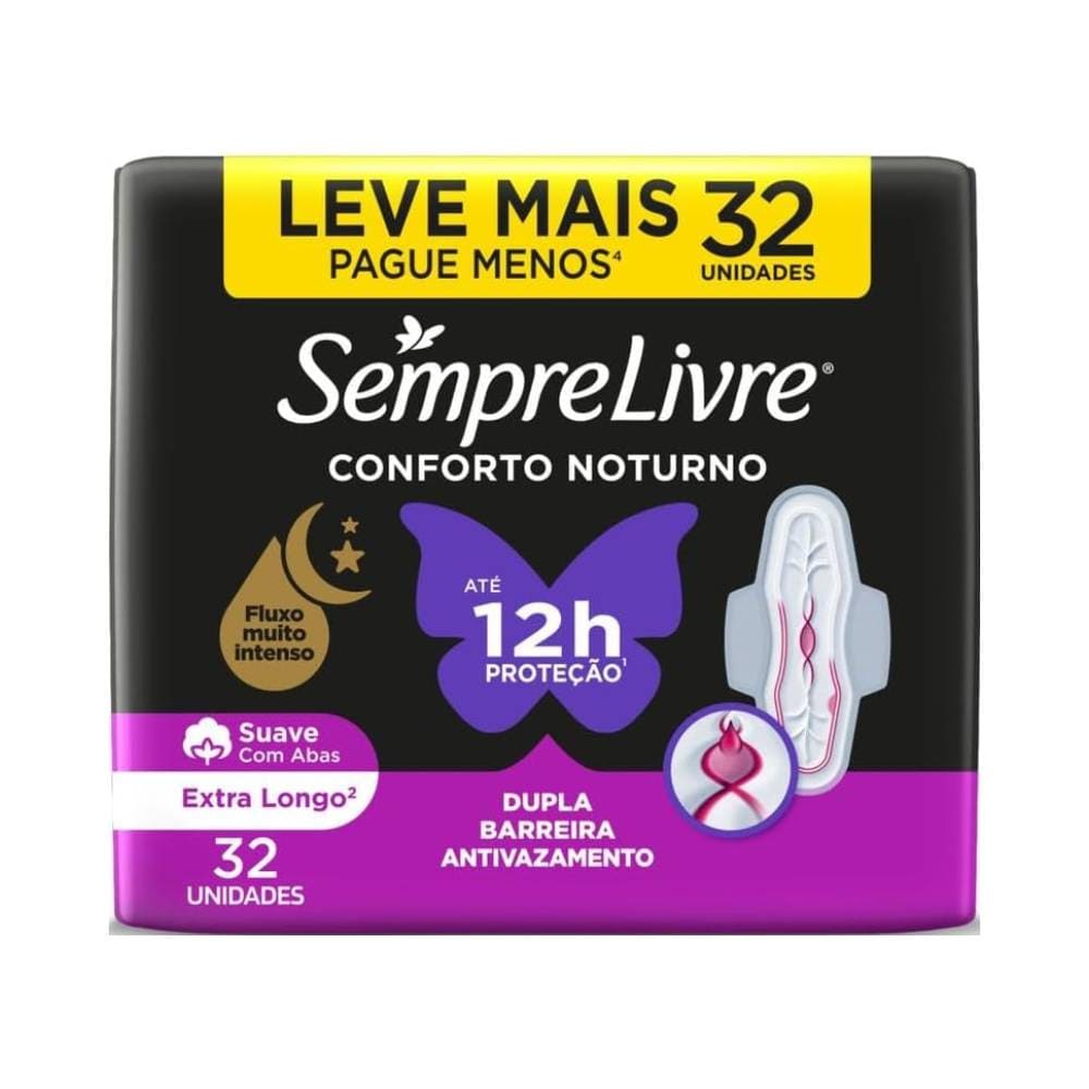 Embalagem do absorvente externo Sempre Livre Adapt Plus Noite e Dia, com cobertura suave e abas, contendo 32 unidades