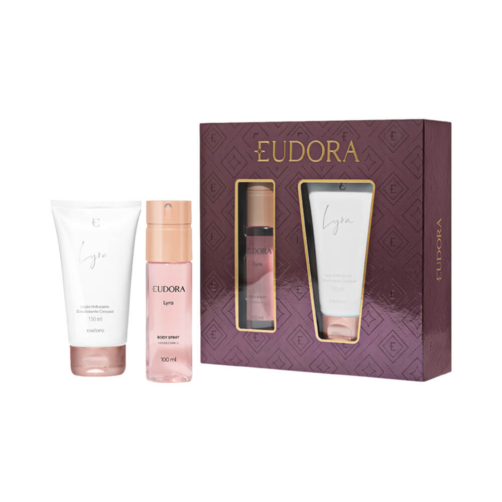 Kit Eudora Lyra com Body Spray e Loção Corporal em fundo branco