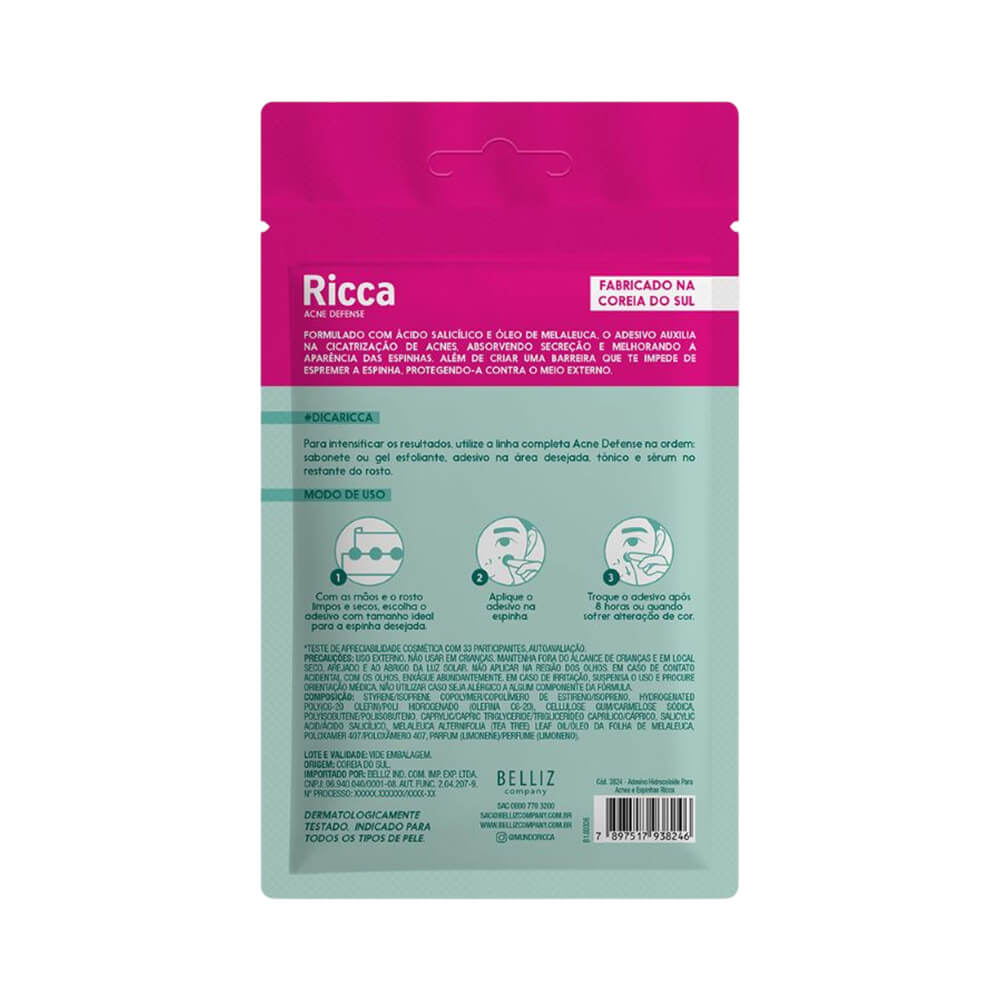 Embalagem traseira do Adesivo em Gel Ricca para Acne e Espinha com instruções de uso