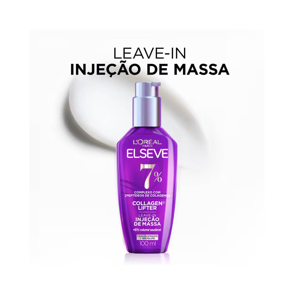 Imagem promocional do Leave-In Elseve Collagen Lifter 100ml com destaque para o frasco e texto do produto
