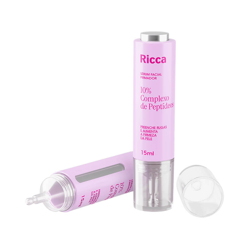 Frascos do Sérum Facial Ricca Peptídeos 15ml mostrando embalagem rosa clara com texto em rosa escuro e prata