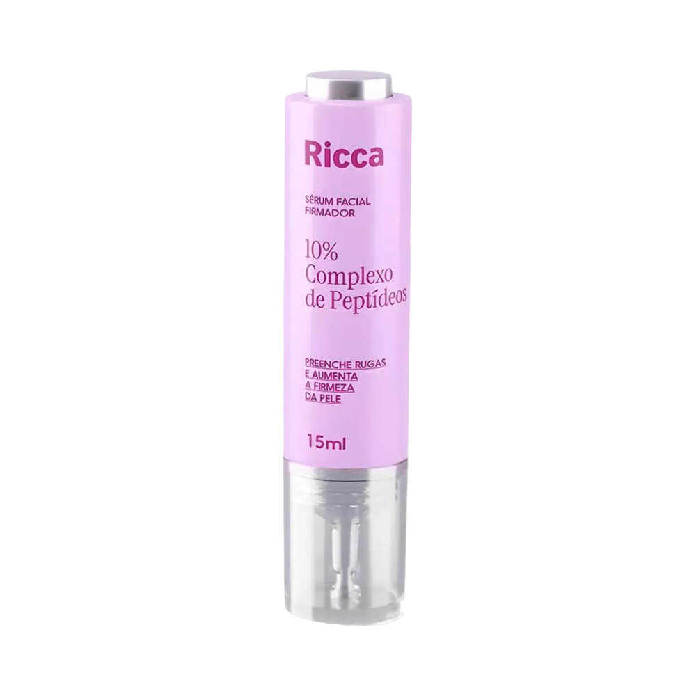 Frasco único do Sérum Facial Ricca Peptídeos 15ml em pé com tampa prateada e base transparente