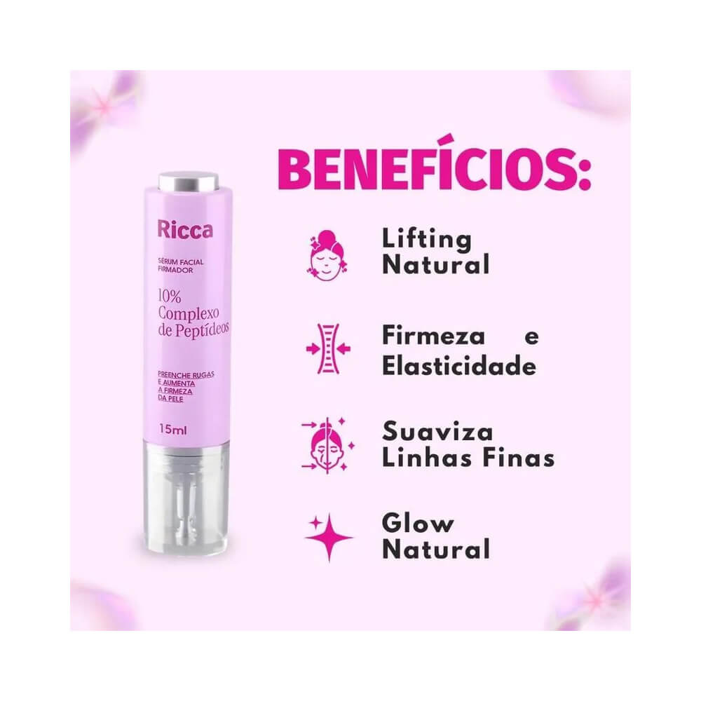 Frasco do Sérum Facial Ricca Peptídeos 15ml com lista de benefícios em fundo rosa claro
