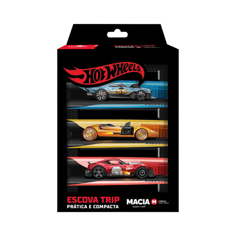Três escovas dentais Condor Trip Hot Wheels Macia em cores diferentes: vermelho, azul e amarelo, com imagens de carrinhos Hot Wheels.