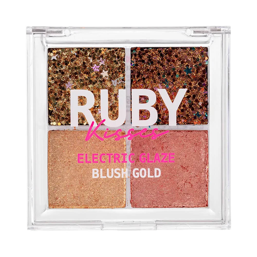 Paleta de sombras Ruby Kisses Electric Glaze Blush Gold com tampa fechada mostrando as cores da paleta.