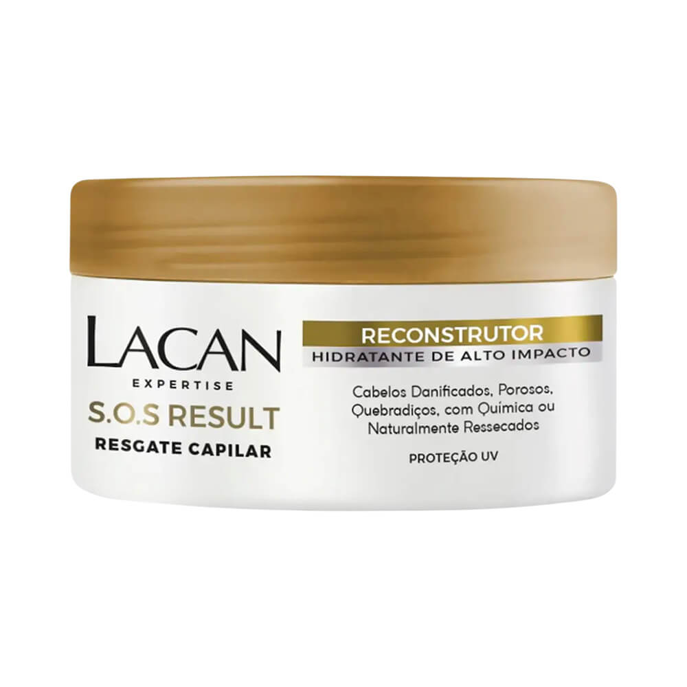 Máscara Capilar Lacan S.O.S Result Reconstrutor Alto Impacto 90g, pote branco com tampa dourada