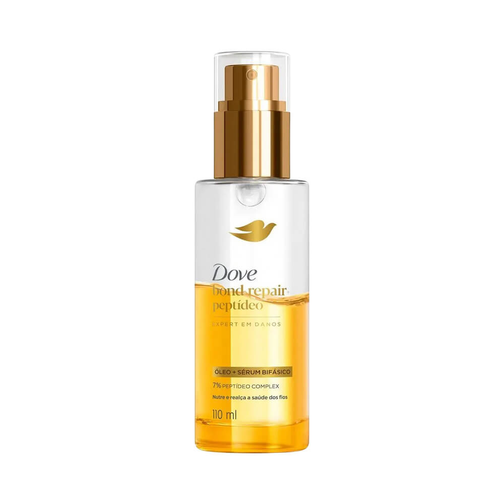 Frasco de óleo sérum capilar Dove Bond Intense Repair 110ml, com bico dourado e líquido amarelo