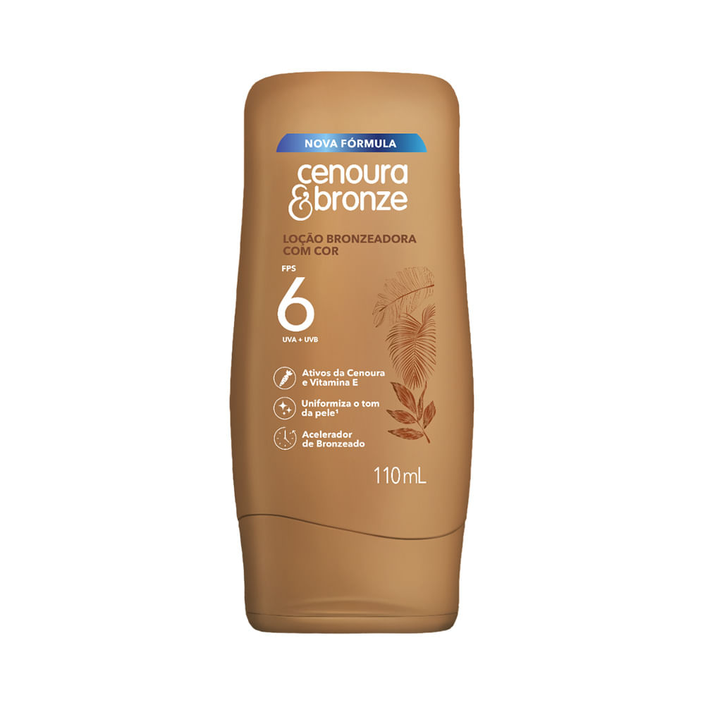 Loção Bronzeadora Cenoura e Bronze com Cor FPS 6 110ml embalagem marrom claro com texto branco e azul