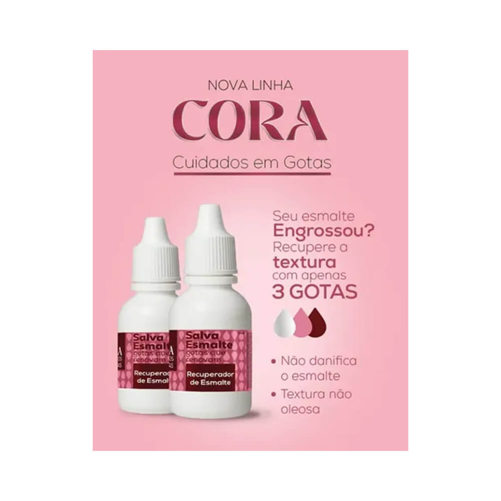 Dois frascos do Recuperador de Esmalte Cora Salva Esmalte Gotas 20ml em fundo rosa claro