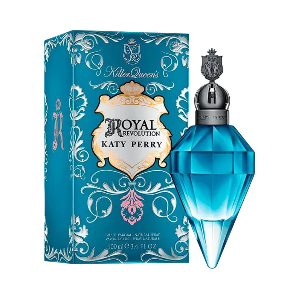 Frasco de perfume azul transparente com detalhes em prata e tampa em forma de coroa
