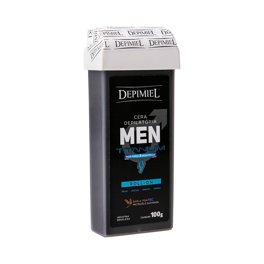 Embalagem lateral esquerda da Cera Roll-On Depimiel Men Titanium 100g