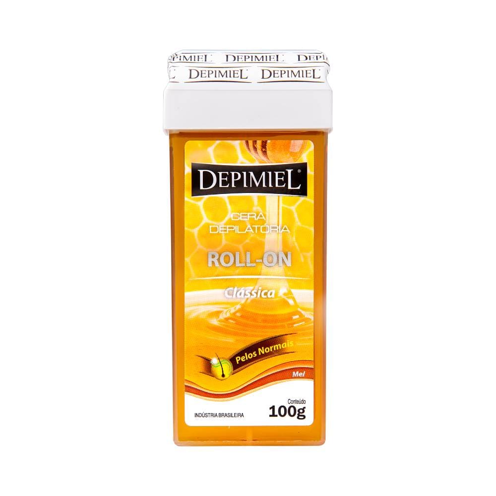 Frasco âmbar translúcido da Cera Roll-On Depimiel Clássica 100g com tampa branca e rótulo preto e amarelo