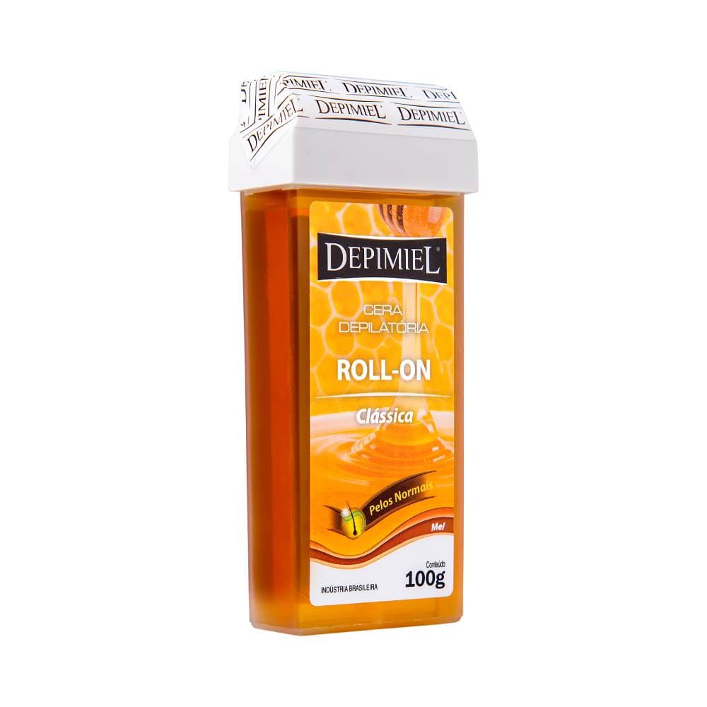 Imagem lateral da embalagem da Cera Roll-On Depimiel Clássica 100g mostrando detalhes do rótulo