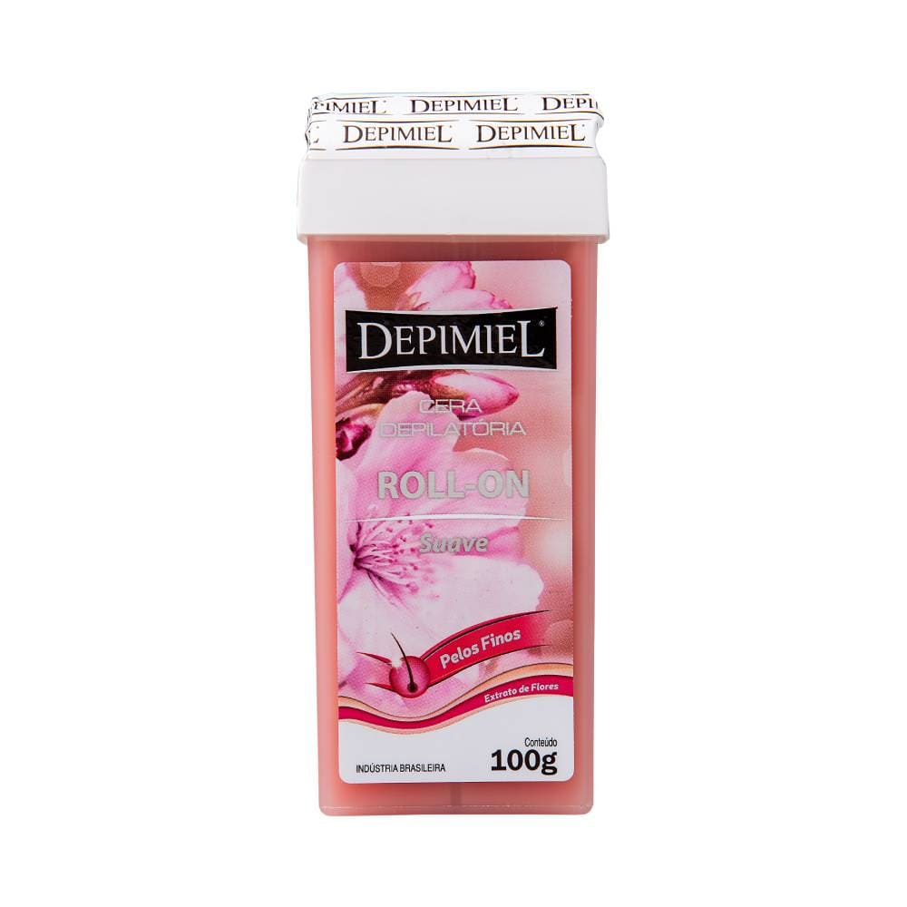 Cera Roll-On Depimiel Suave 100g embalagem rosa com tampa branca e decoração floral
