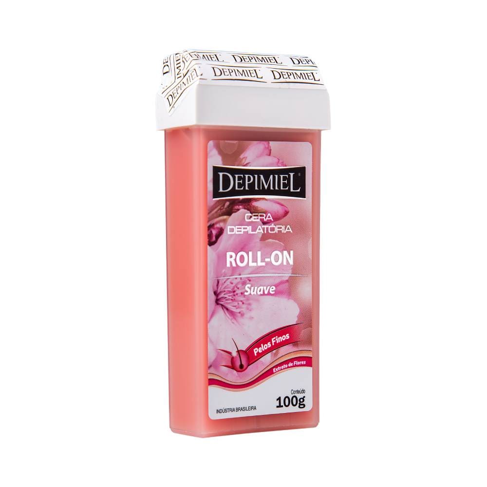 Lateral da embalagem da Cera Roll-On Depimiel Suave 100g rosa com tampa branca
