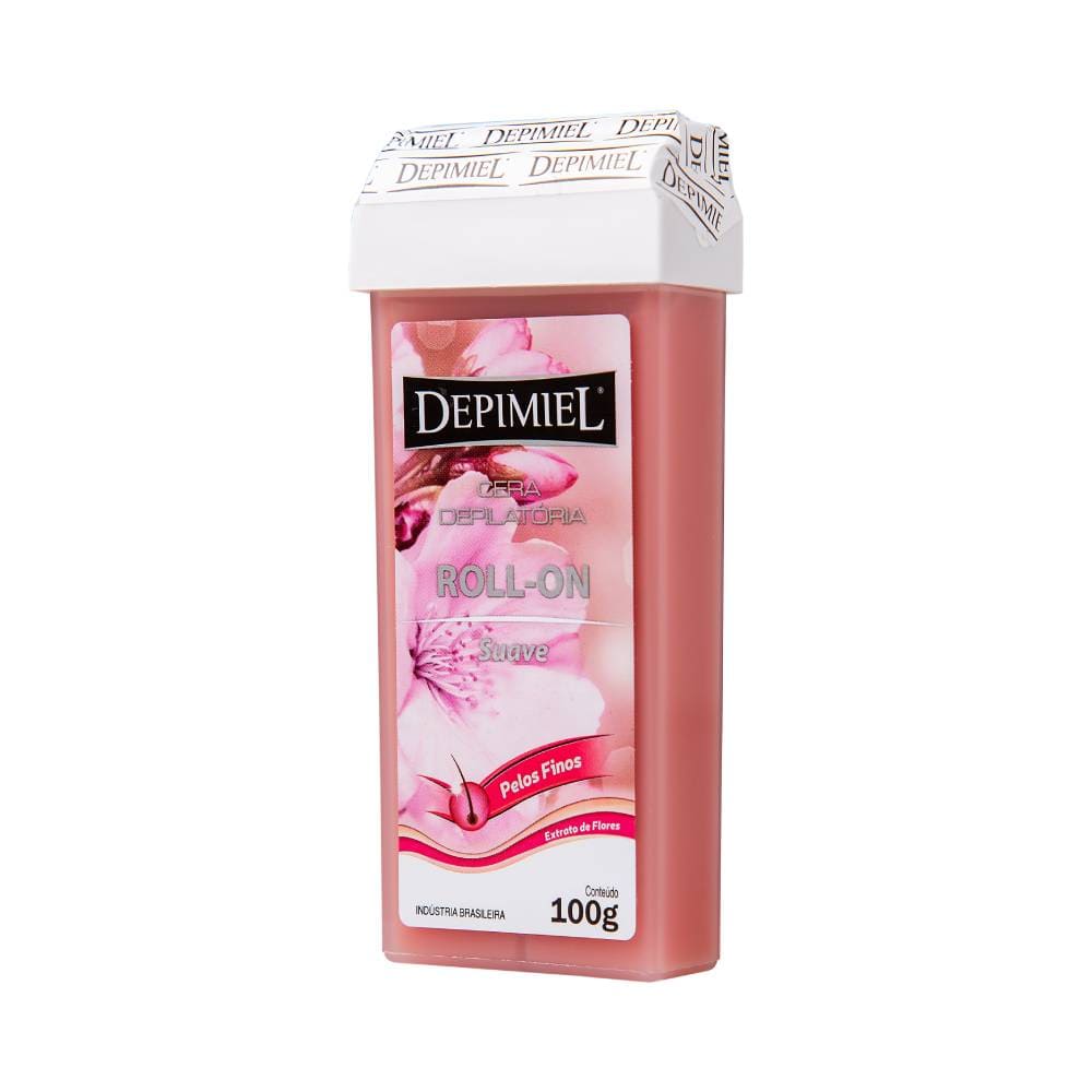 Embalagem da Cera Roll-On Depimiel Suave 100g vista em ângulo com detalhes florais