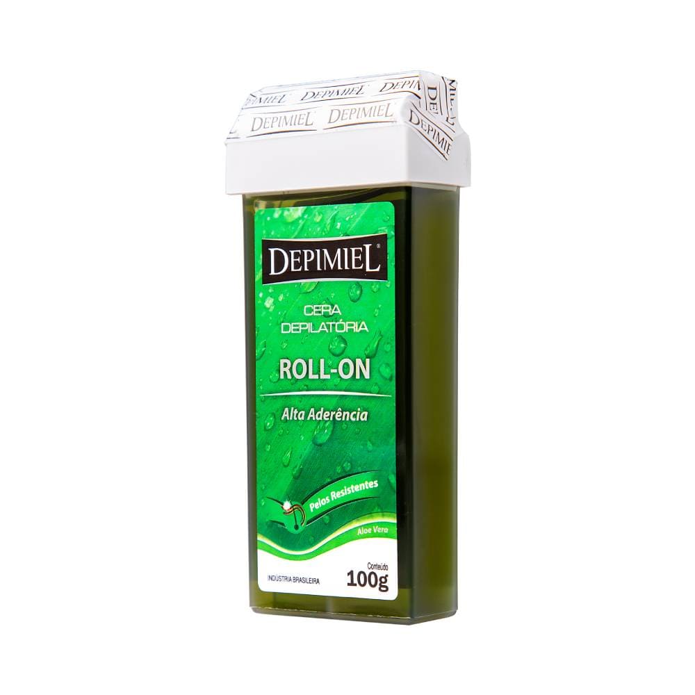 Vista lateral da embalagem da Cera Roll-On Depimiel Alta Aderência 100g