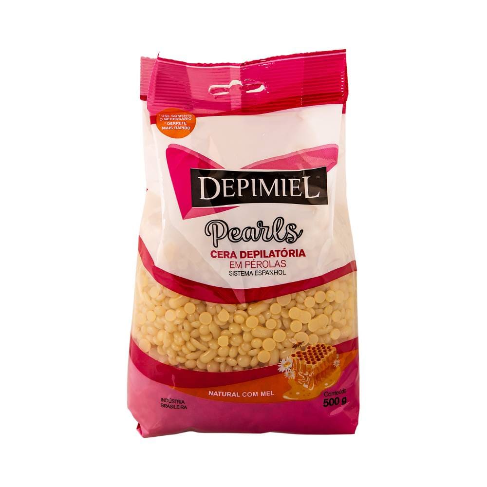 Embalagem lateral da Cera Depilatória Natural Depimiel 500g com ilustração de mel