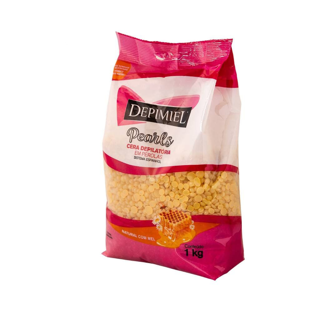 Lateral da embalagem da Cera Depilatória Depimiel Granulada Mel 1Kg mostrando as pérolas amarelas
