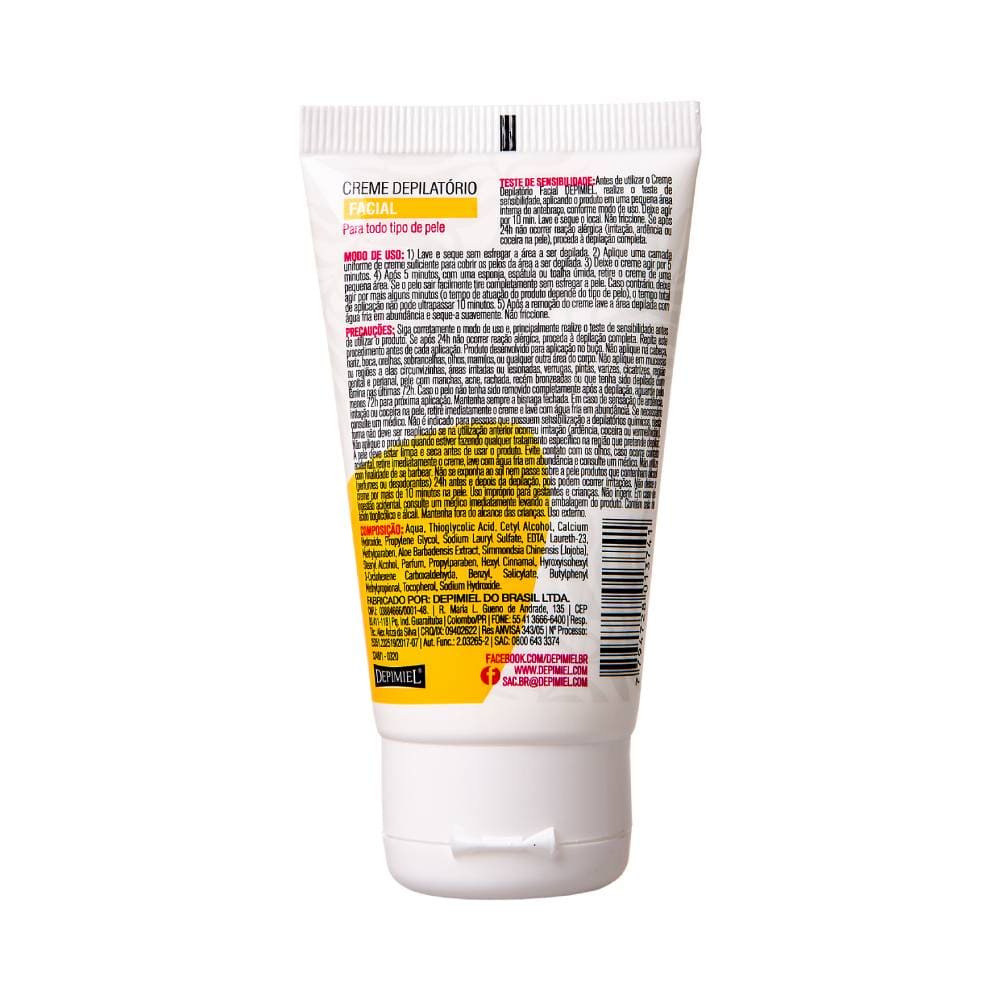 Parte traseira do creme depilatório facial Depimiel com instruções e informações do produto