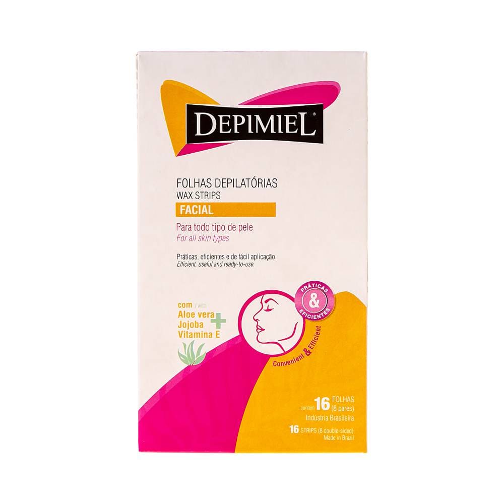 Embalagem frontal das Folhas Depilatórias Faciais Depimiel com 16 unidades