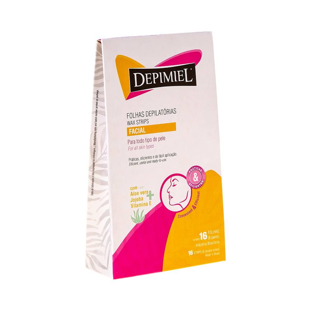 Lateral da embalagem das Folhas Depilatórias Faciais Depimiel