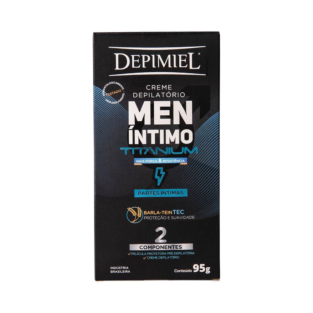 Embalagem frontal do Creme Depilatório Íntimo Depimiel Men Titanium 95g