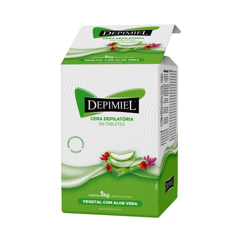 Vista lateral da embalagem da Cera Depilatória Depimiel Vegetal com 4 Tabletes