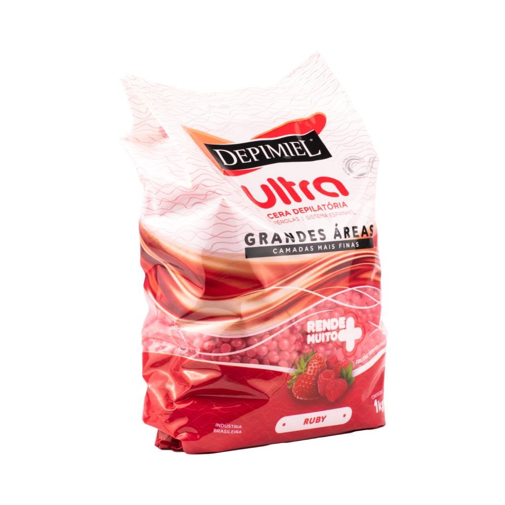 Imagem lateral da embalagem da Cera Depilatória Depimiel Ultra Ruby 1000g mostrando detalhes da fórmula e indicação para uso corporal.