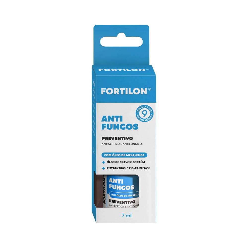 Embalagem da Base Fortilon Anti Fungos da Dailus com caixa azul e branca e frasco de 7 ml