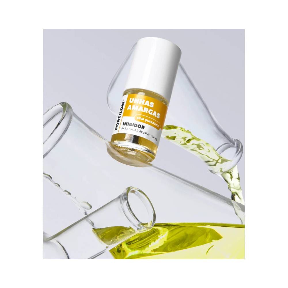 Frasco do produto Fortilon Unhas Amargas com tampa branca e rótulo amarelo sobre fundo cinza claro