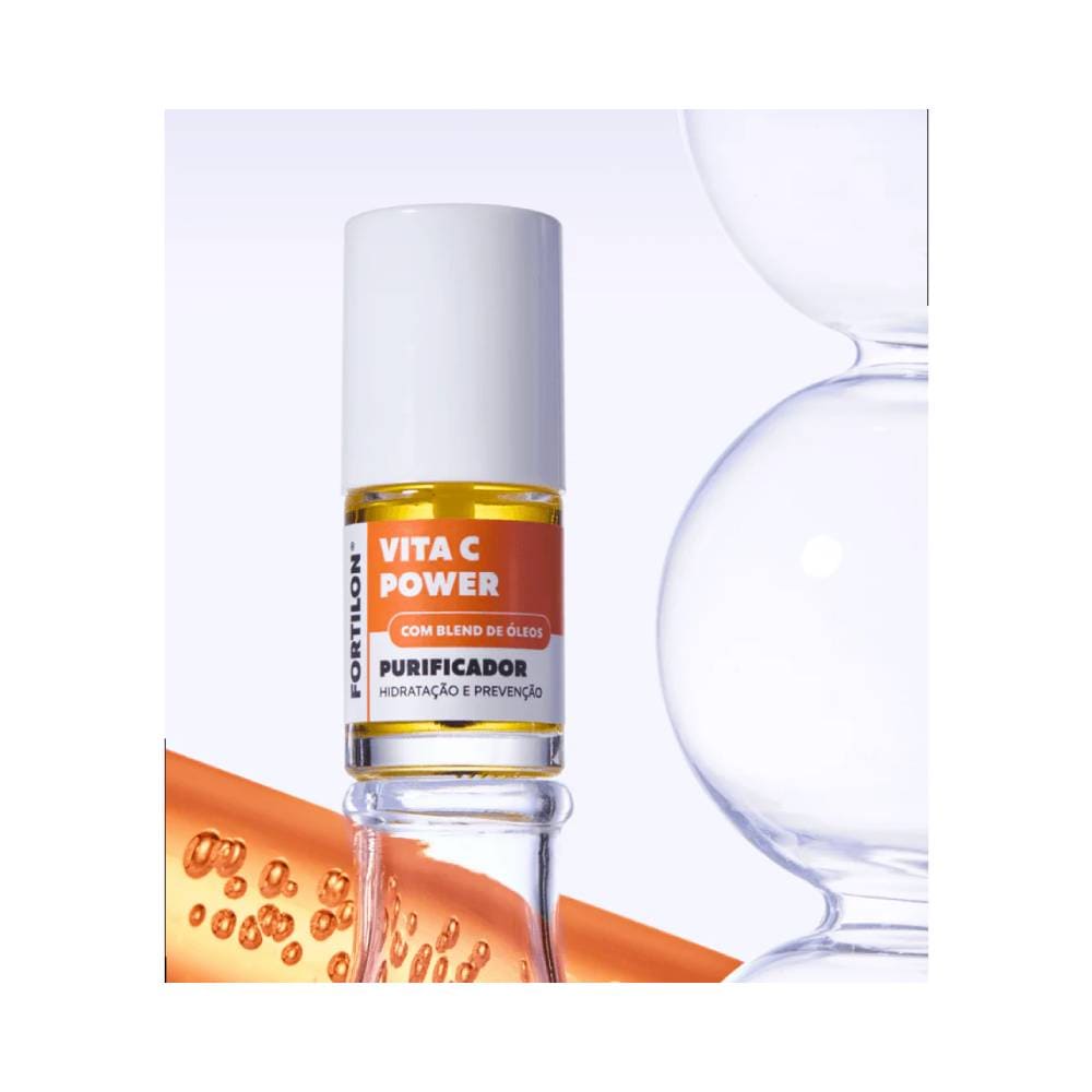 Frasco do óleo purificador Fortilon Vita C Power com óleo amarelo translúcido e tampa branca.