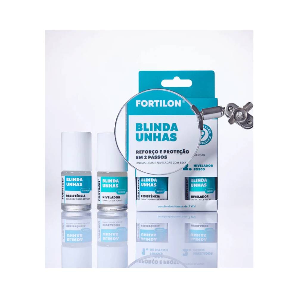 Kit Dailus Fortilon Blinda Unhas com foco nos frascos e embalagem ao fundo