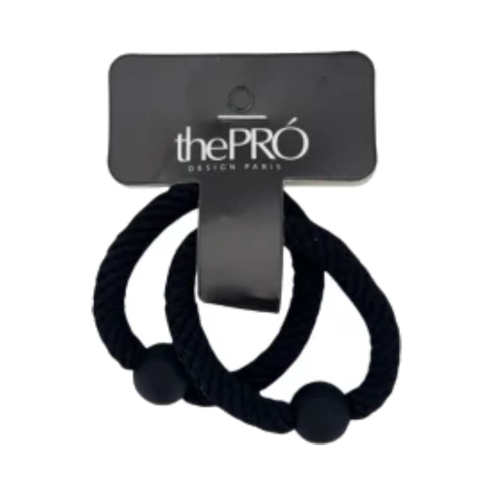 Elásticos de cabelo pretos em embalagem preta com logo thePRÓ DESIGN PARIS